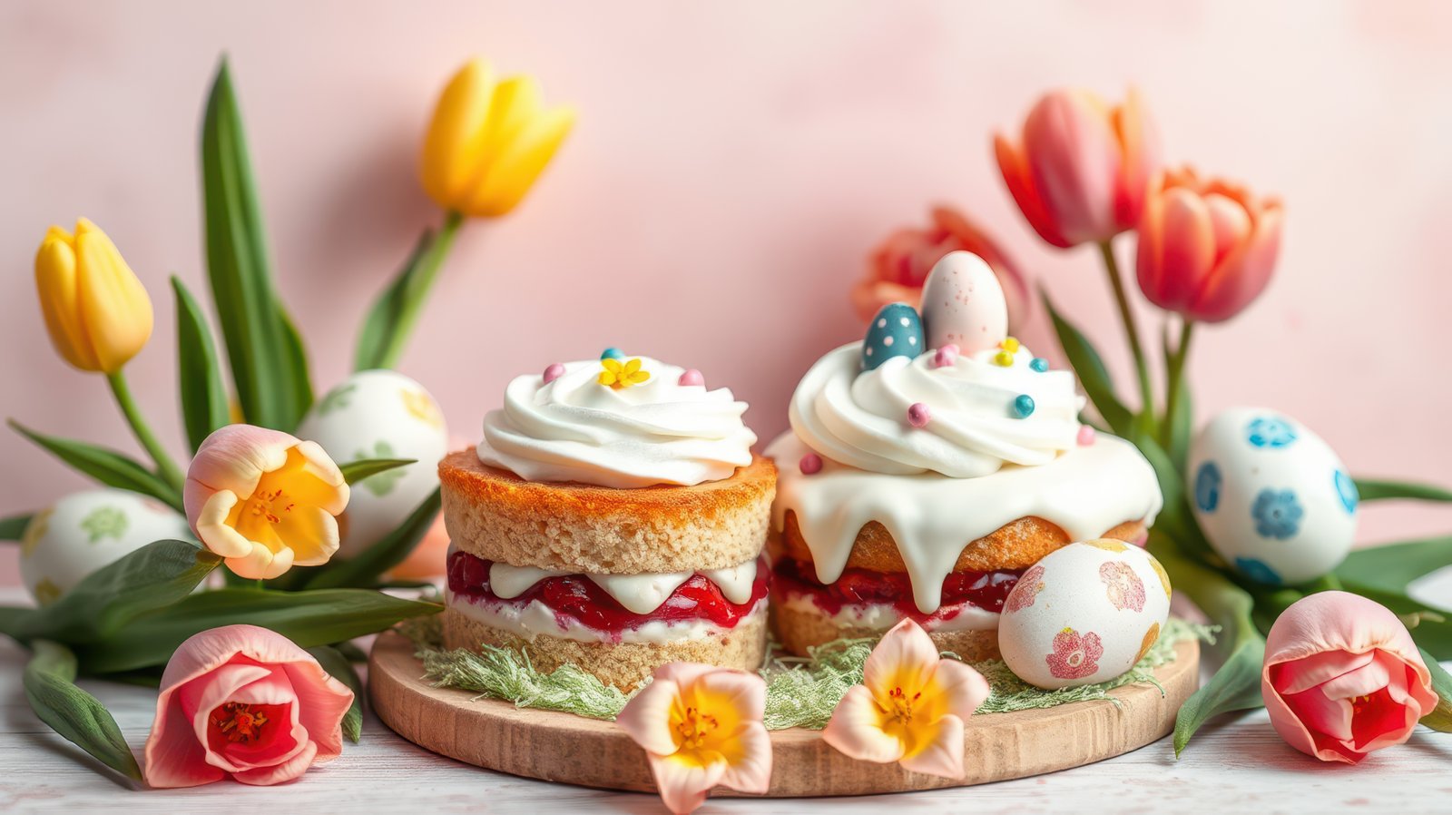Seasonal dessert display with colorful cakes, flowers, and Easter eggs on a wooden board